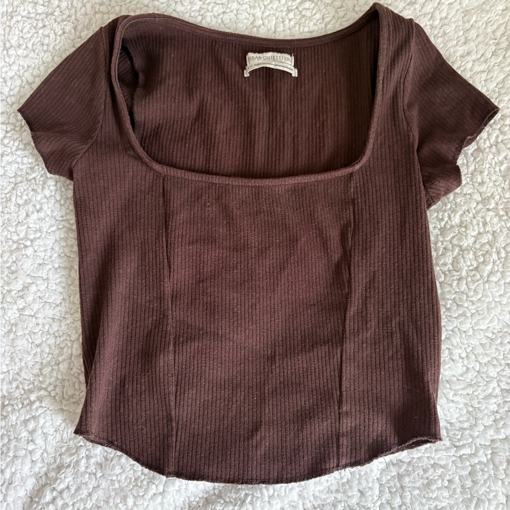 Urban Outfitters Chocolate Brown Ribbed Square-Neck Short Sleeve Top